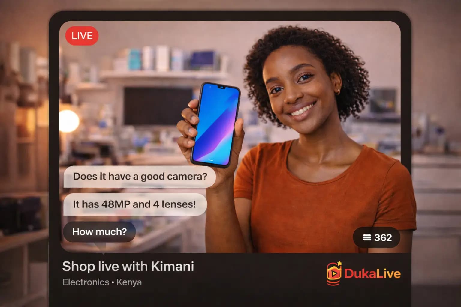 A seller presenting a smartphone live